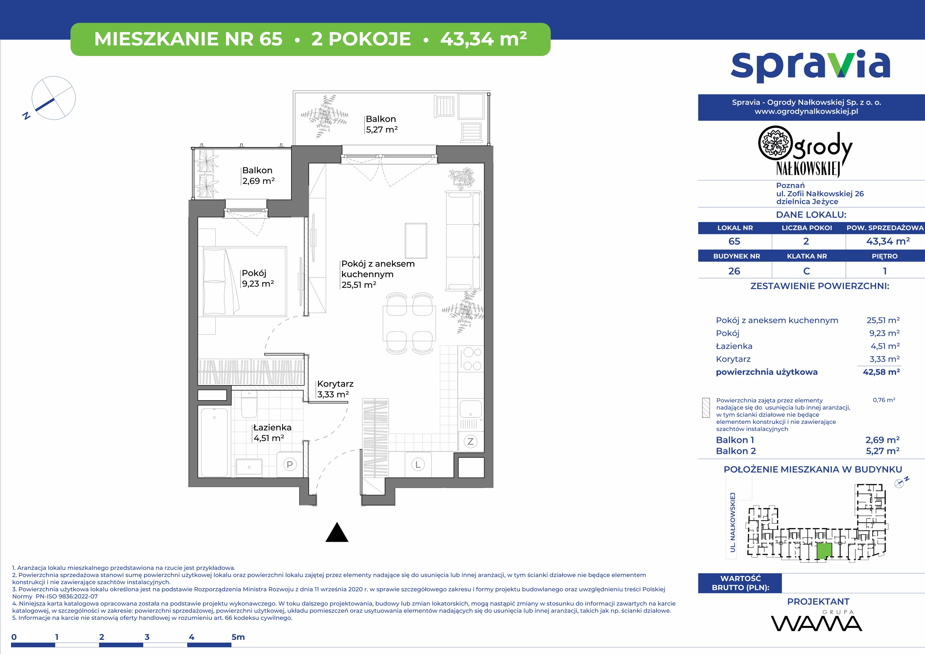 2 pokoje, mieszkanie 43,34 m², piętro 1, oferta nr 26-65, Ogrody Nałkowskiej, Poznań, Ogrody, ul. Nałkowskiej 24, 26